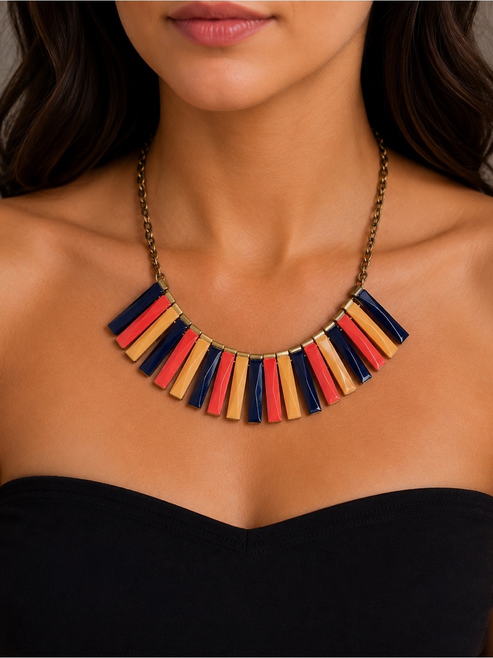 Color Block Geometric Statement Necklace Navy Coral Tan